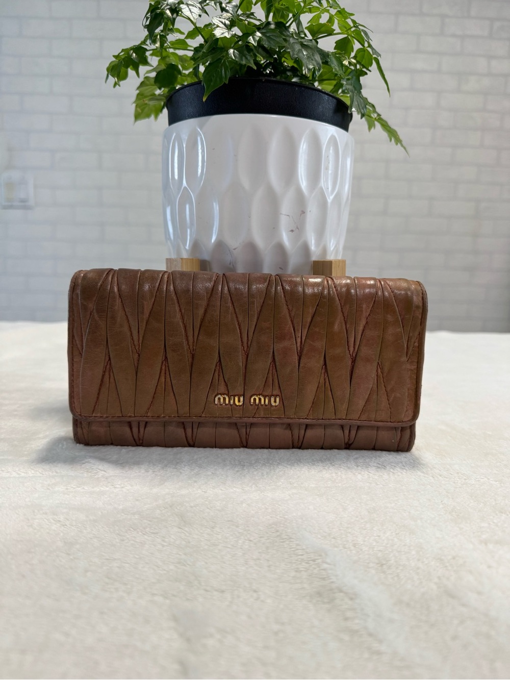 Miu Miu Quilted Brown Leather Wallet Clutch with Gold Logo (Authentic)